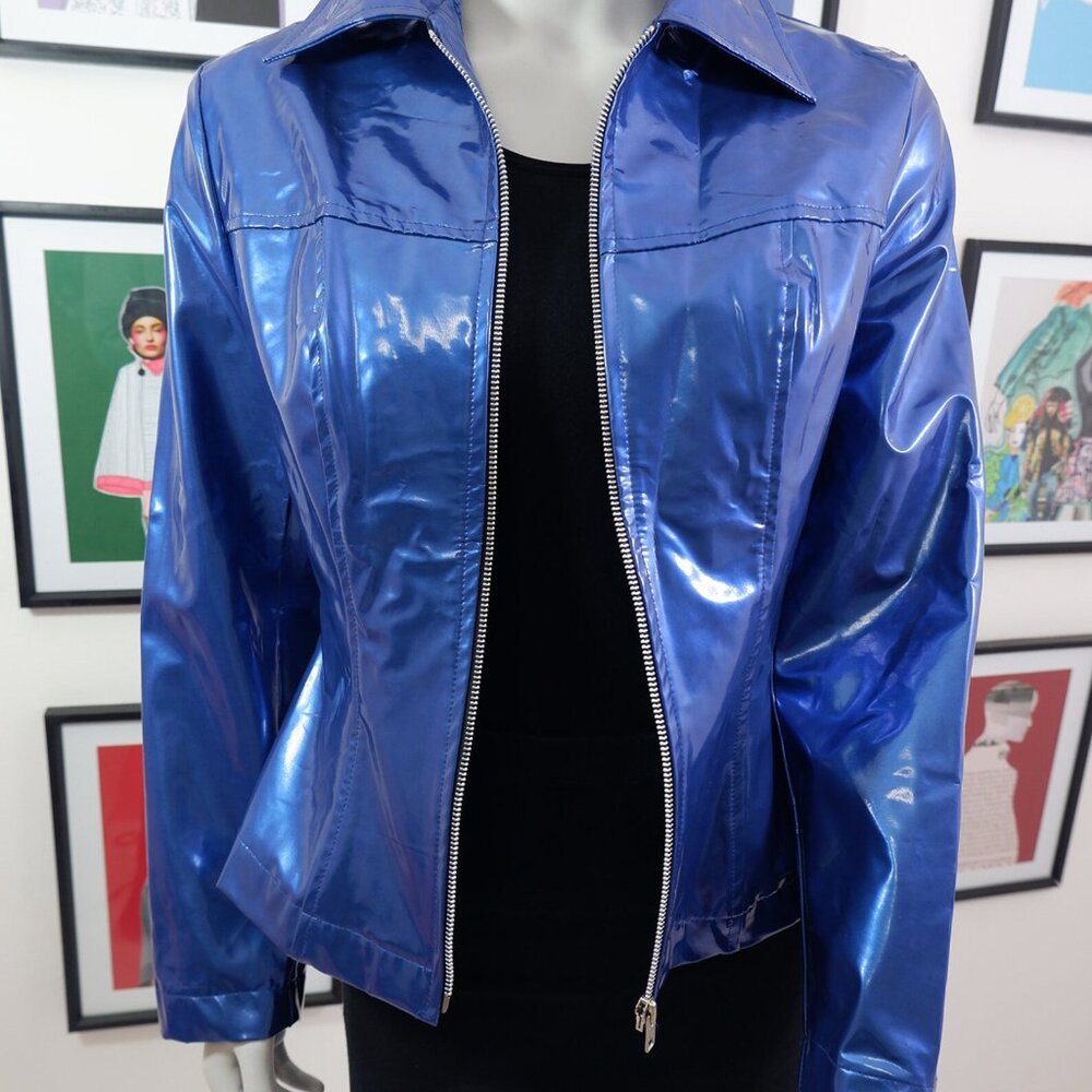 1990s Y2K Vinyl Look Shiny Slick Blue Polyurethane Jacket S Club - Picture 8 of 8